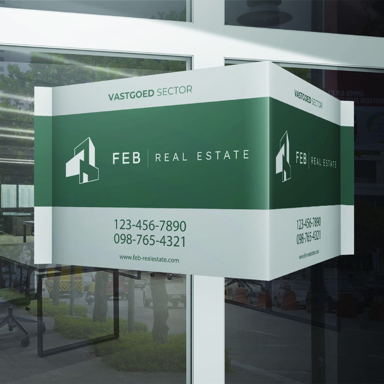 FEB Real Estate logo op verhuur panel | Luxe vastgoedbranding FEB Real Estate logo op een verhuur panel, een duidelijk en professioneel vastgoedmerk in de verhuursector