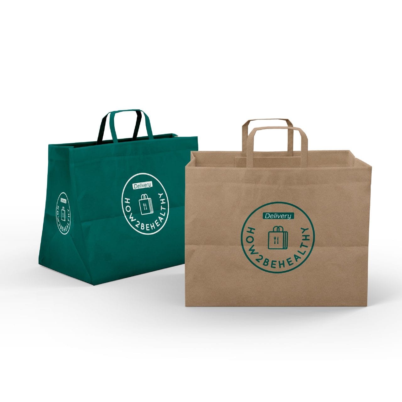How2BeHealthy Branding – Logo op Paperbag | Duurzame verpakkingsmockup How2BeHealthy-logo geprint op een bruine en groene papieren bezorgtas