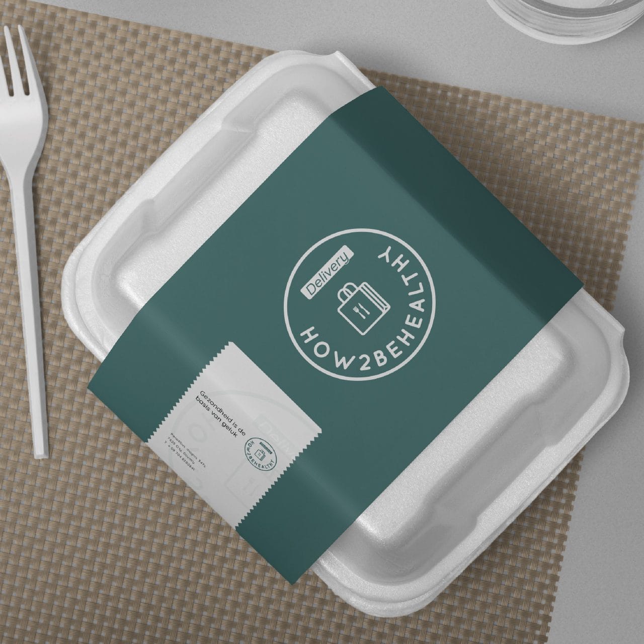 Merkidentiteit toegepast op bezorgverpakking How2BeHealthy-logo op een witte takeaway foodbox voor gezonde maaltijden