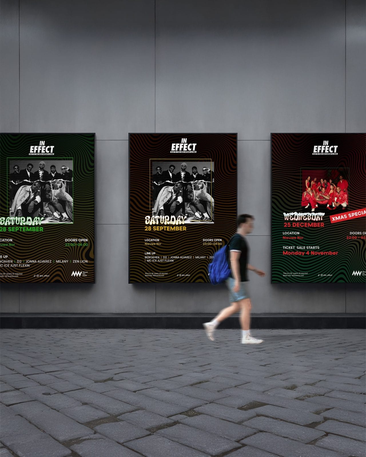 Posterontwerpen voor In Effect gepresenteerd op buitenreclameborden – restyling branding