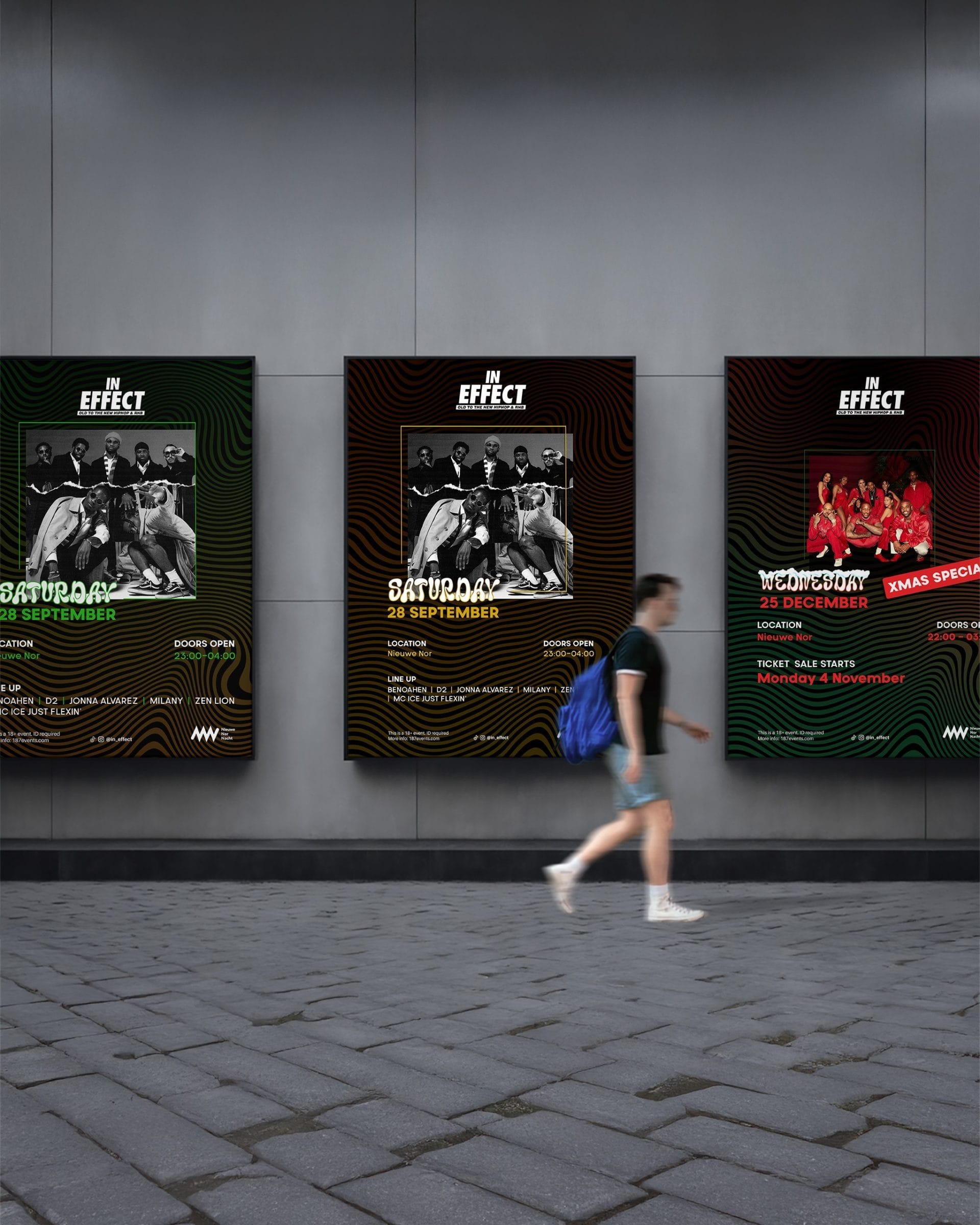 Posterontwerpen voor In Effect gepresenteerd op buitenreclameborden – restyling branding