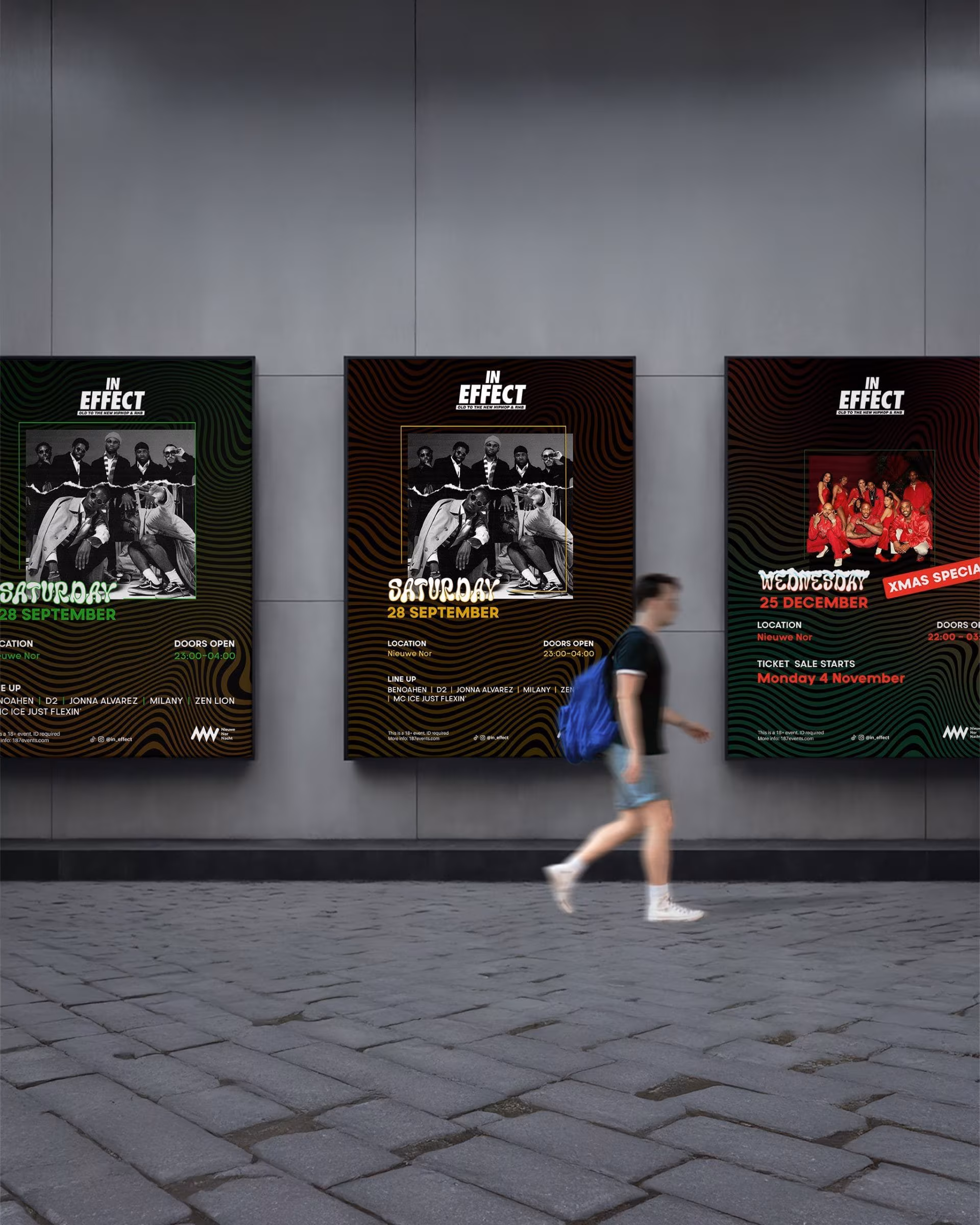 Posterontwerpen voor In Effect gepresenteerd op buitenreclameborden – restyling branding