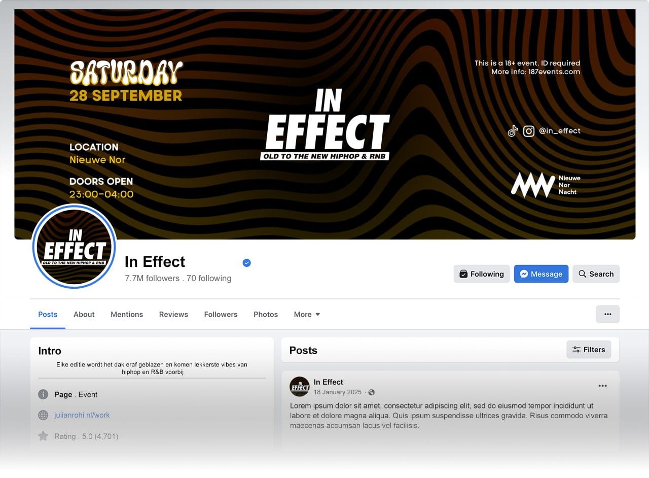 Facebook-pagina van In Effect met vernieuwde banner en profielfoto – social branding update