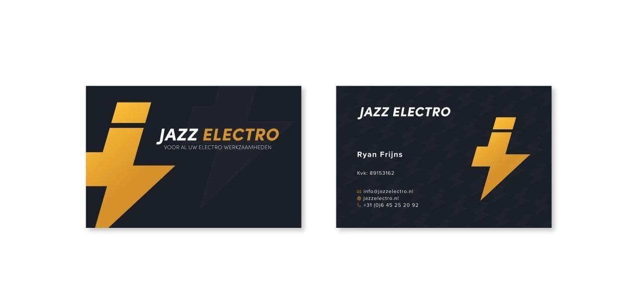 Jazz Electro visitekaartje – zwart design met voor- en achterkant Visitekaartjes met professionele huisstijl voor elektrotechniekbedrijf