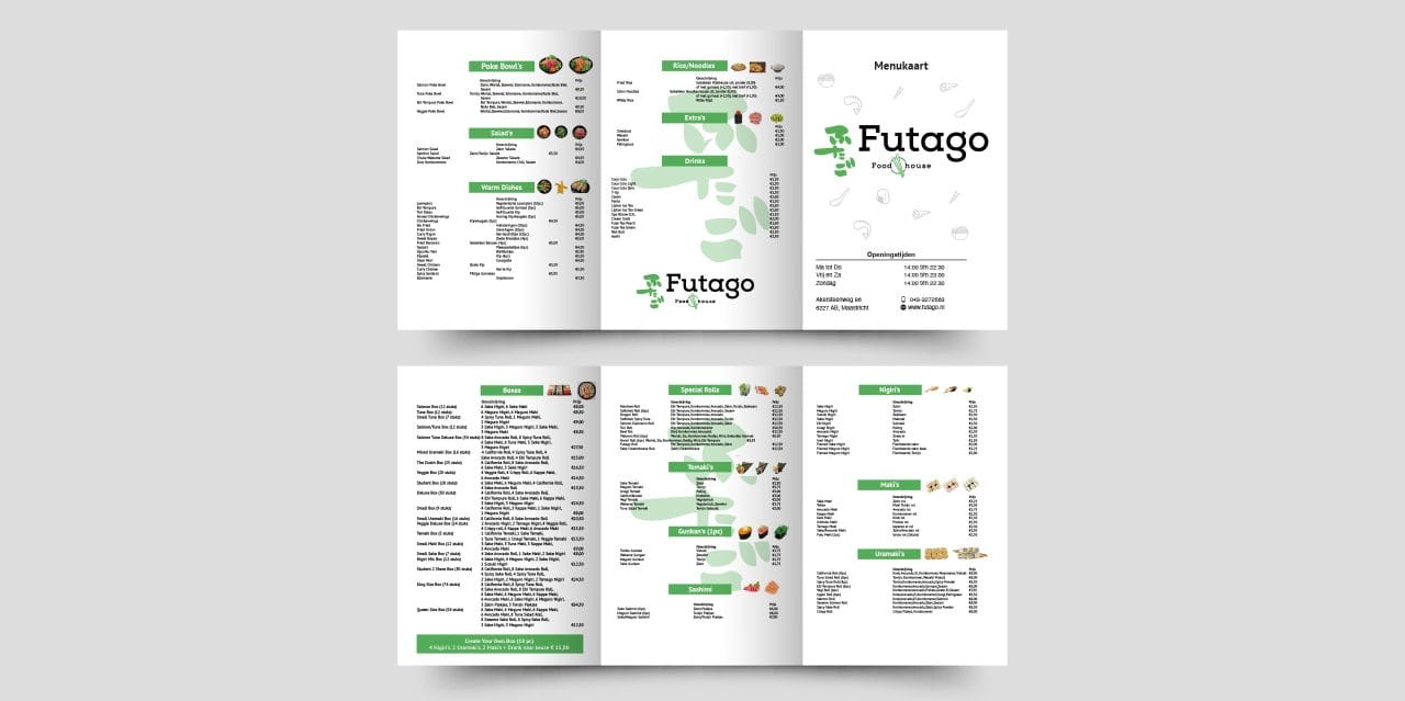 Menukaart ontwerp restaurant Futago Menukaart ontwerp Futago restaurant, afgestemd op huisstijl met overzichtelijke indeling