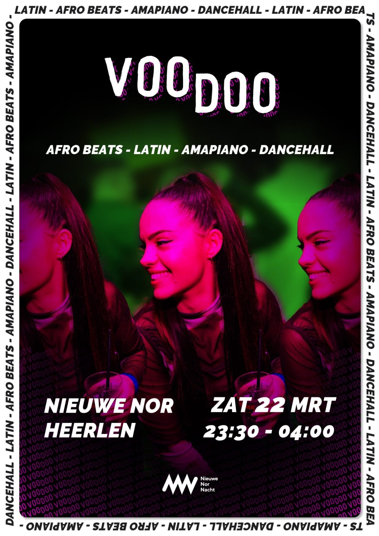 A3-poster voor Voodoo – Restyling en branding van de Voodoo party poster met een energiek design passend bij afrobeats, dancehall en amapiano A3-poster ontwerp voor Voodoo – visueel ontwerp voor hippe party vibes in Heerlen