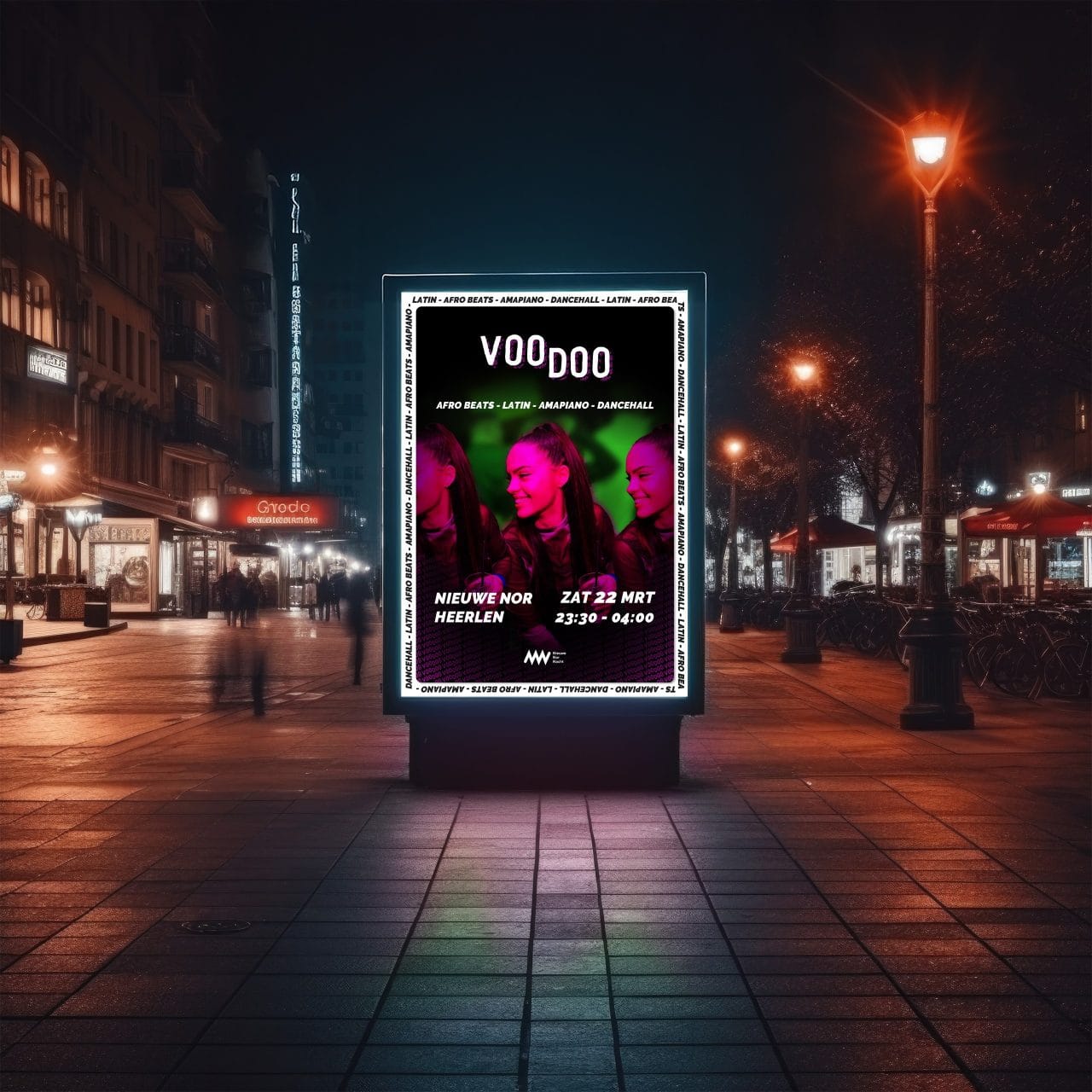 Voodoo-poster op reclamebord – dynamisch ontwerp voor feest in de Nieuwe Nor
