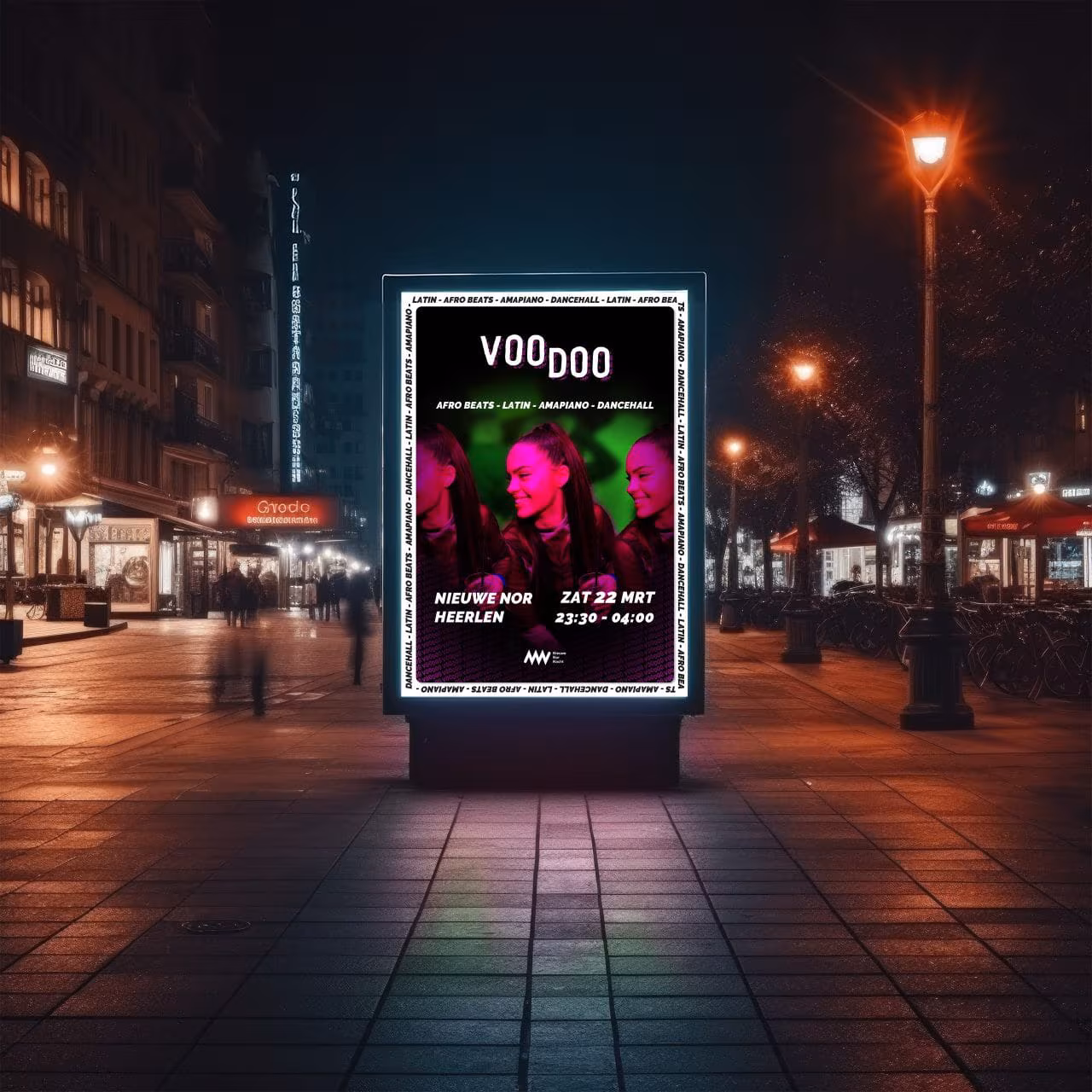 Voodoo-poster op reclamebord – dynamisch ontwerp voor feest in de Nieuwe Nor