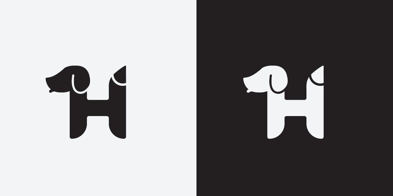 Woosh Tails logo-icoon – Minimalistisch hondje in H-vorm Logo ontwerp Woosh Tails – puppy in de vorm van een H (witte variant)
