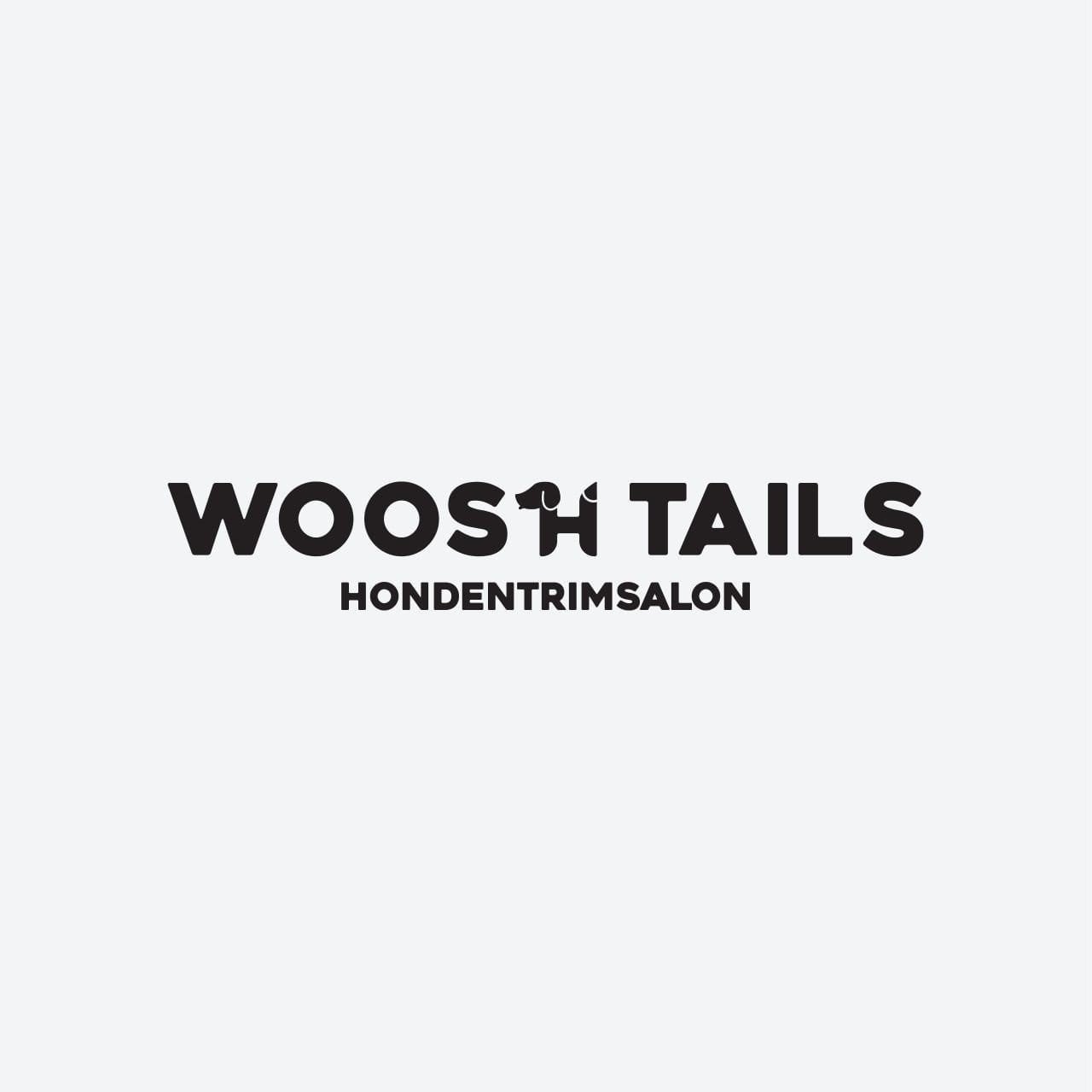 Woosh Tails logo – Uniek design met de letter H als hondje (witte versie) Woosh Tails logo – H in de vorm van een puppy (witte variant)