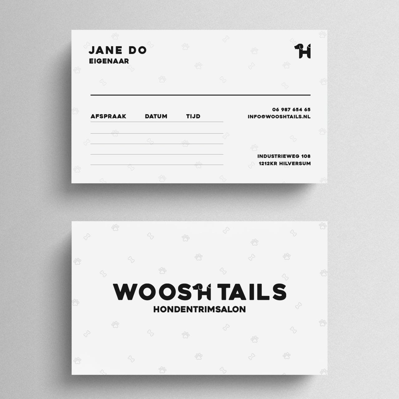 Woosh Tails visitekaart – Strak en professioneel wit design Visitekaartje Woosh Tails – witte uitvoering met logo en gegevens