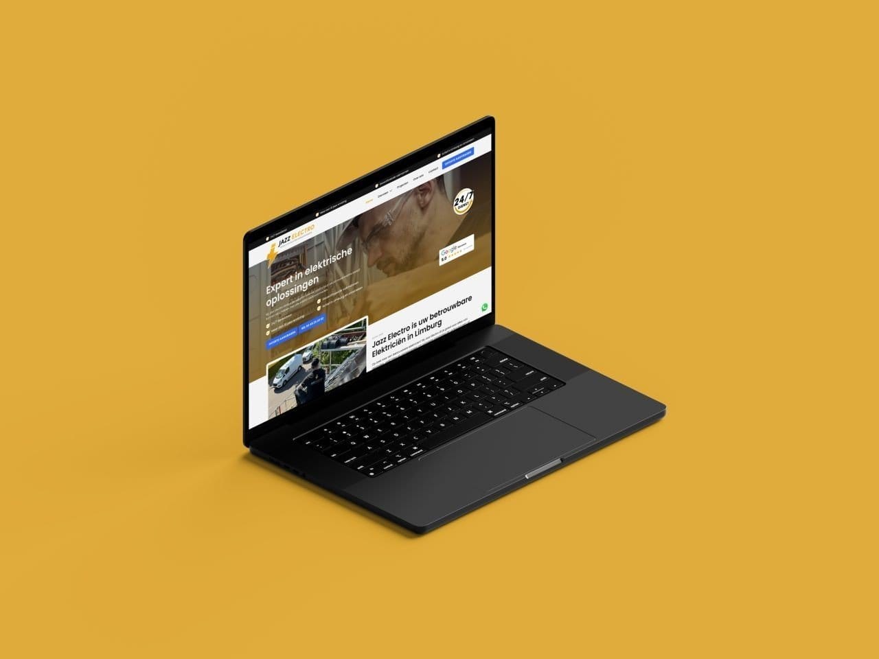 Jazz Electro website getoond op laptop, met overzichtelijke navigatie en professionele uitstraling Jazz Electro website op laptop – elektrotechniekbedrijf uit Limburg