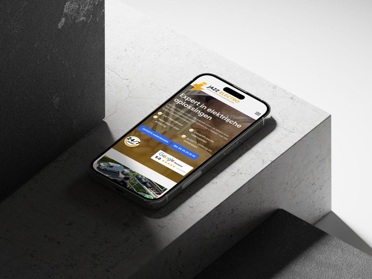 Mobiele weergave van de Jazz Electro website met snelle laadtijd en gebruiksvriendelijke interface Mobiele weergave van de Jazz Electro site – moderne elektrotechniek in Limburg