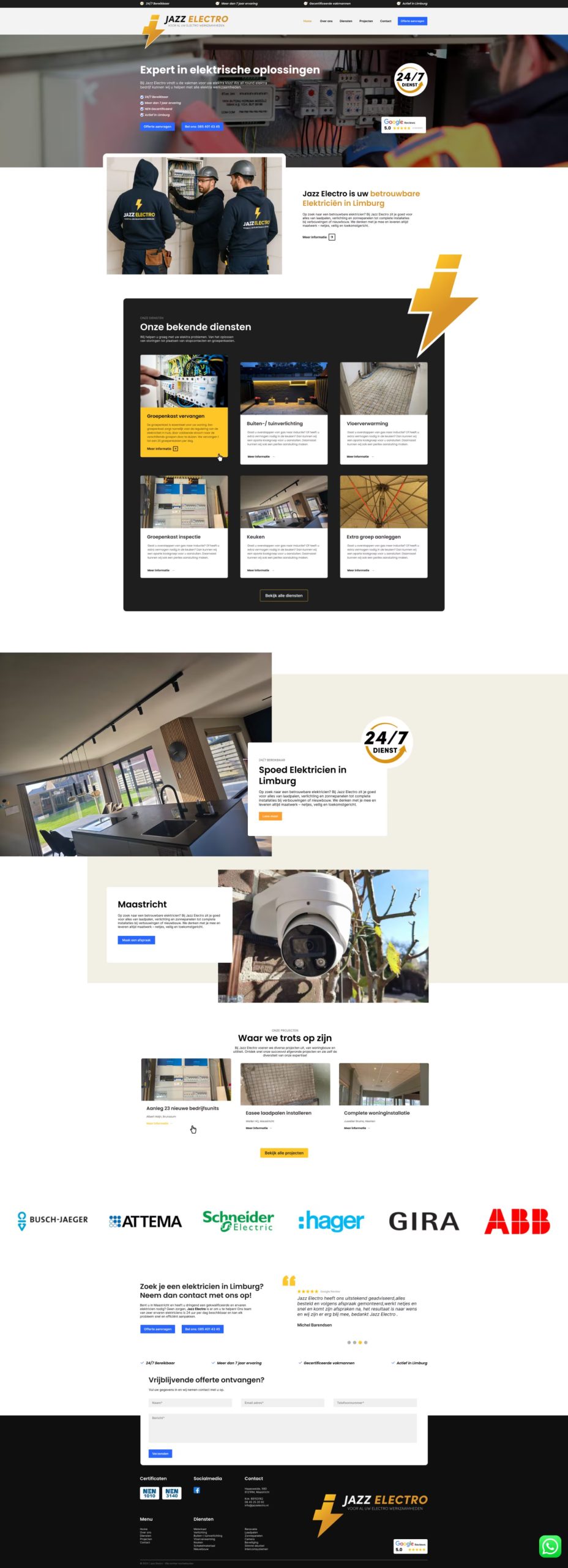 Visueel ontwerp van de Jazz Electro website in Figma, met moderne layout en branding in geel en zwart Website ontwerp in Figma voor Jazz Electro – elektrotechniek Limburg